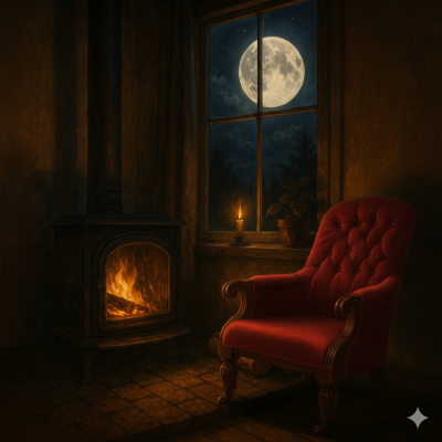 Bilden visar en varm och rofylld höstkväll inomhus. Till vänster står en svart gjutjärnskamin där elden sprakar och sprider ett mjukt, gyllene ljus som fyller rummet. Framför kaminen står en bekväm, röd sammetsfåtölj med mörka träben, som ser inbjudande ut. Till höger om kaminen finns ett fönster där man ser en klar fullmåne lysa på en mörkblå natthimmel, med trädens siluetter i bakgrunden. På fönsterbrädan står ett tänt ljus och en liten krukväxt. Stämningen är lugn, varm och trygg – en perfekt plats för stillhet och eftertanke.