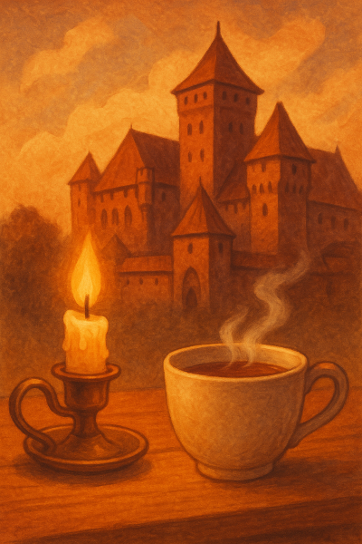 Illustration i varma, gyllene toner som visar en rykande tekopp och ett brinnande stearinljus på ett träbord i förgrunden. I bakgrunden syns en medeltida tegelborg badande i kvällssolens ljus. Bilden förmedlar en stillsam, varm och eftertänksam stämning.