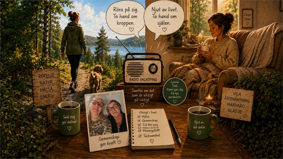Illustration för podden Térôrt, ellé? med natur, återhämtning och gemenskap. En person promenerar i naturen med hund, en annan sitter med en kopp te, och i mitten syns ett foto av Erica Niggol och Ingrid A Jarlsson med texten 'Gemenskap ger kraft'.