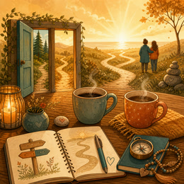 Illustration för podden Térôrt, ellé? med två kaffemuggar, öppna vägar och en varm horisont.
