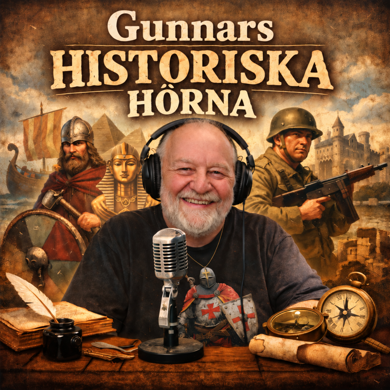 Gunnars historiska hörna – Gunnar med mikrofon och historiska motiv